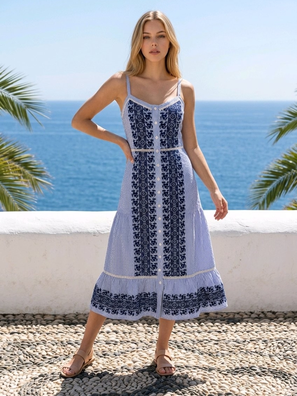 Classic Veronica Beard Blue & Navy Embroidered Midi Sundress